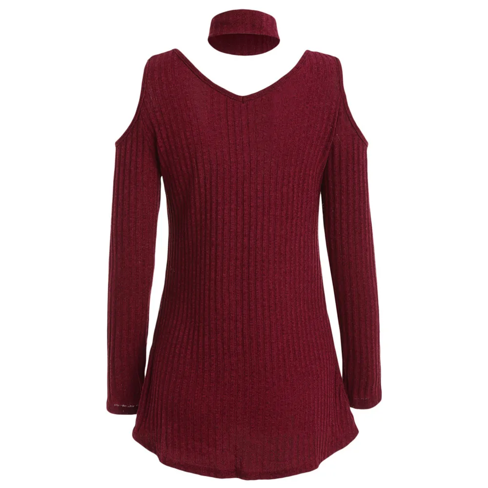 VESTLINDA Sweaters Fashion 2018 Women Cold Shoulder Long Sleeve Knitted Top With Choker Winter Clothes Jumper Pullover Femme | Женская