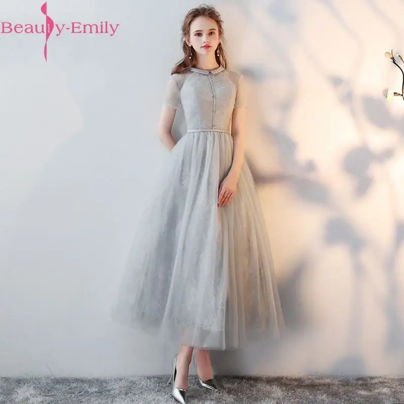 Женское вечернее платье с рюшами Beauty Emily серое кружевное официальное до