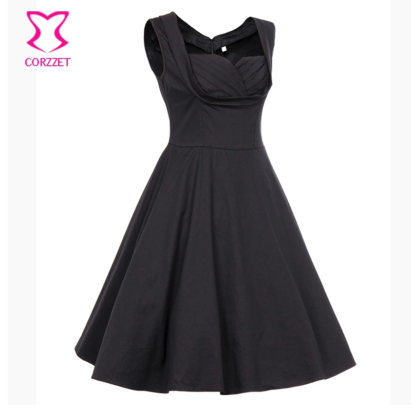 Женское винтажное платье ретро без рукавов черное Хлопковое с V-образным вырезом