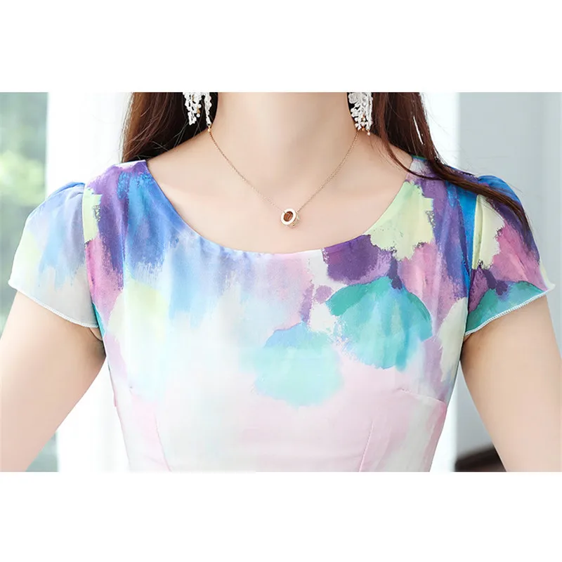 

Summer Dress Women Pink Green Blue M-3XL Plus Size Chiffon Print Beach Dresses 2019 New Korean Fashion Slim Maxi Dress LD1080