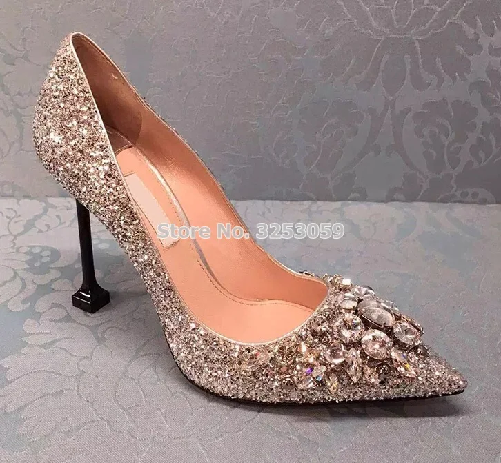 

ALMUDENA Luxurious Bling Bling Gold Silver Crystal Wedding Shoes Designer Stiletto Heels Sequined Glittering Gem Dress Pumps