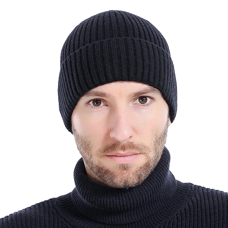 Новинка, шерстяные шапки, вязаные мужские зимние шапки, шапки Skullies Bonnet, Зимние головные уборы для мужчин и женщин, Теплые Мешковатые шапки для спорта на открытом воздухе - Цвет: Black