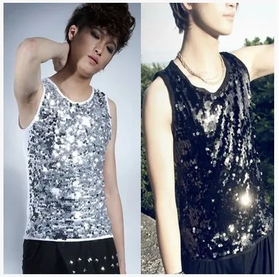 

Lager Size Women Clothing Free Shipping All-match Men Paillette Vest Punk Jazz Dance Slim Vest Ds Costume Top /m-xxl