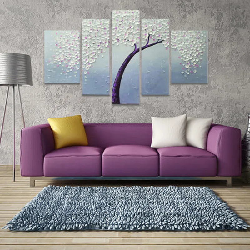 Hand Painted modern abstract Pink blue green flower tree oil Painting thick palette knife 5pieces home wall decoration pictures | Дом и сад