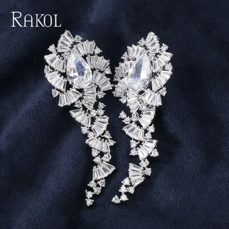 RAKOL 2019 новый тренд AAA CZ цирконий белый цвет лист длинные висячие серьги для женщин