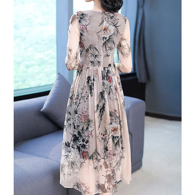 Весна Лето Новинка 2020 женское элегантное шелковое платье с цветочным принтом