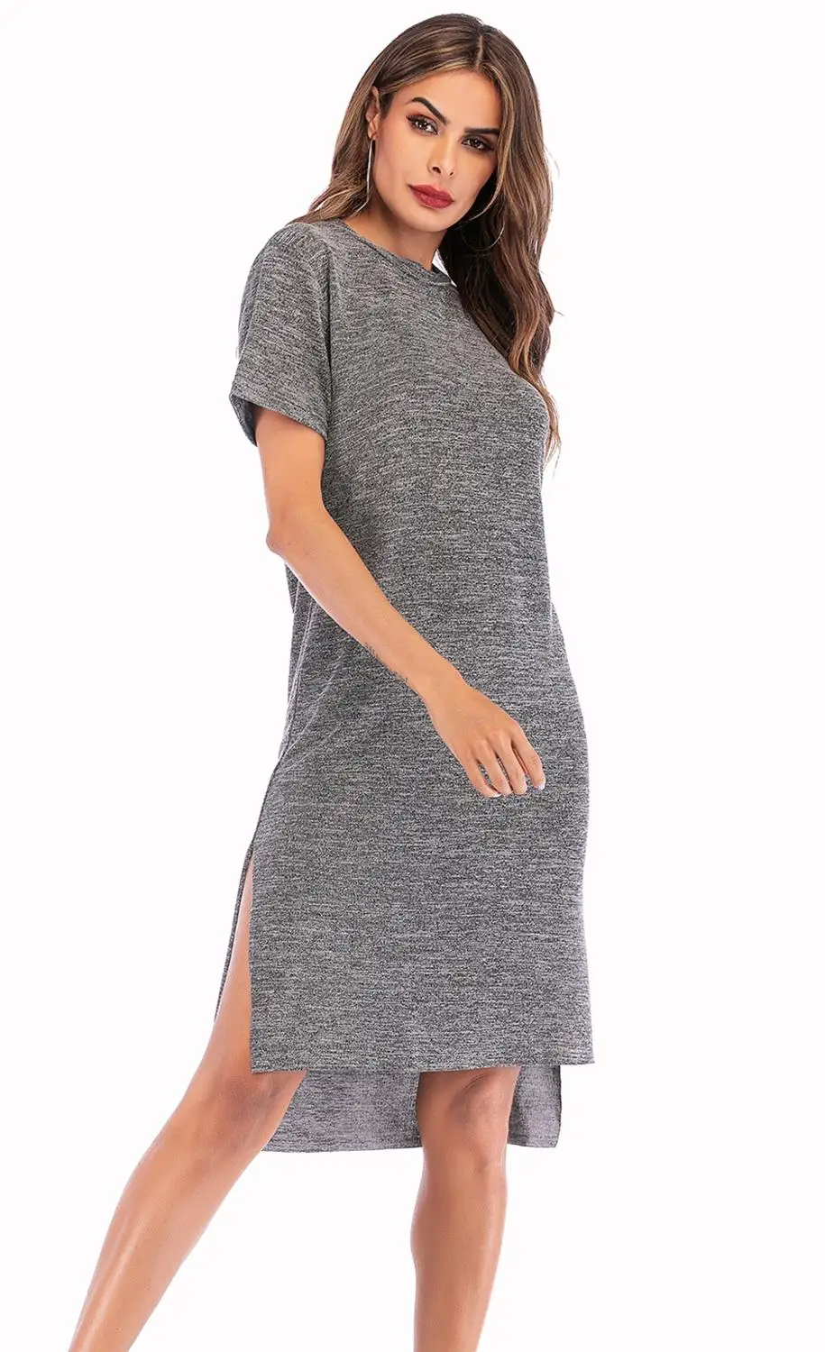 Женское однотонное летнее платье с круглым вырезом и коротким рукавом|Женские