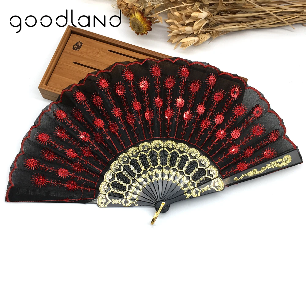 

Free Shipping 1pcs Chinese Folding Peacock Pearl Fabric Color Decoration Fan Hand Embroidered Flower Pattern Fabric Folding Fan