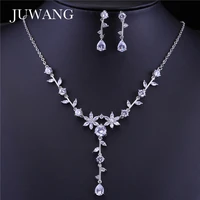 juwang 2020 new fashion bridal wedding jewelry sets for women cubic zirconia leaf shape silver color necklace and earrings