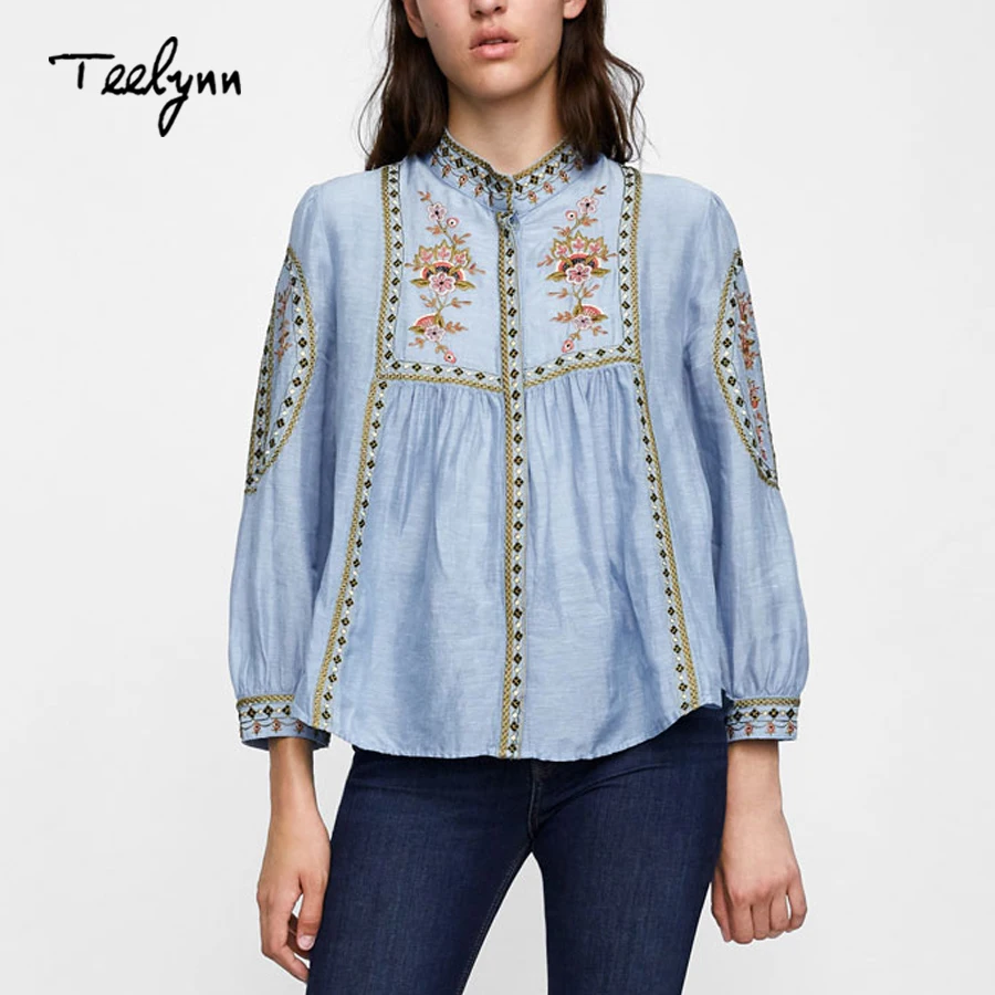 TEELYNN Bule boho блузка 2020 Осенняя Цветочная вышивка o образным вырезом с пышными