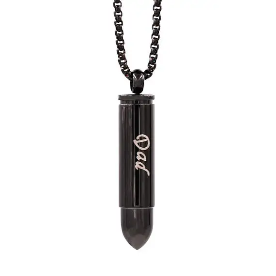 

JJ001 Black Stainless Steel Bullet Cremation Necklace -Carved Cross Keepsake Pendant -Custom engrave Dad Memorial Urn Jewelry