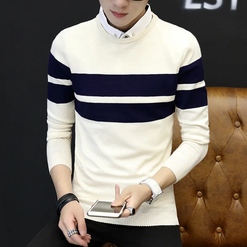 Men Winter Knitted Wear Fashion Patchwork Mens Warm Sweaters Striped Pullover Male Slim Fit O-Neck Outwear HAOYU | Мужская одежда