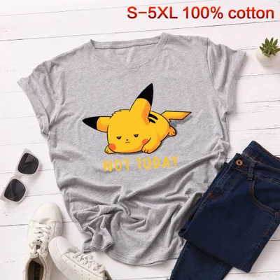 light gray SINGRAIN Летняя женская мультяшная футболка Пикачу милый кот принт топы хлопок S-5XL Мода размера плюс свободная женская футболка - Цвет: light gray