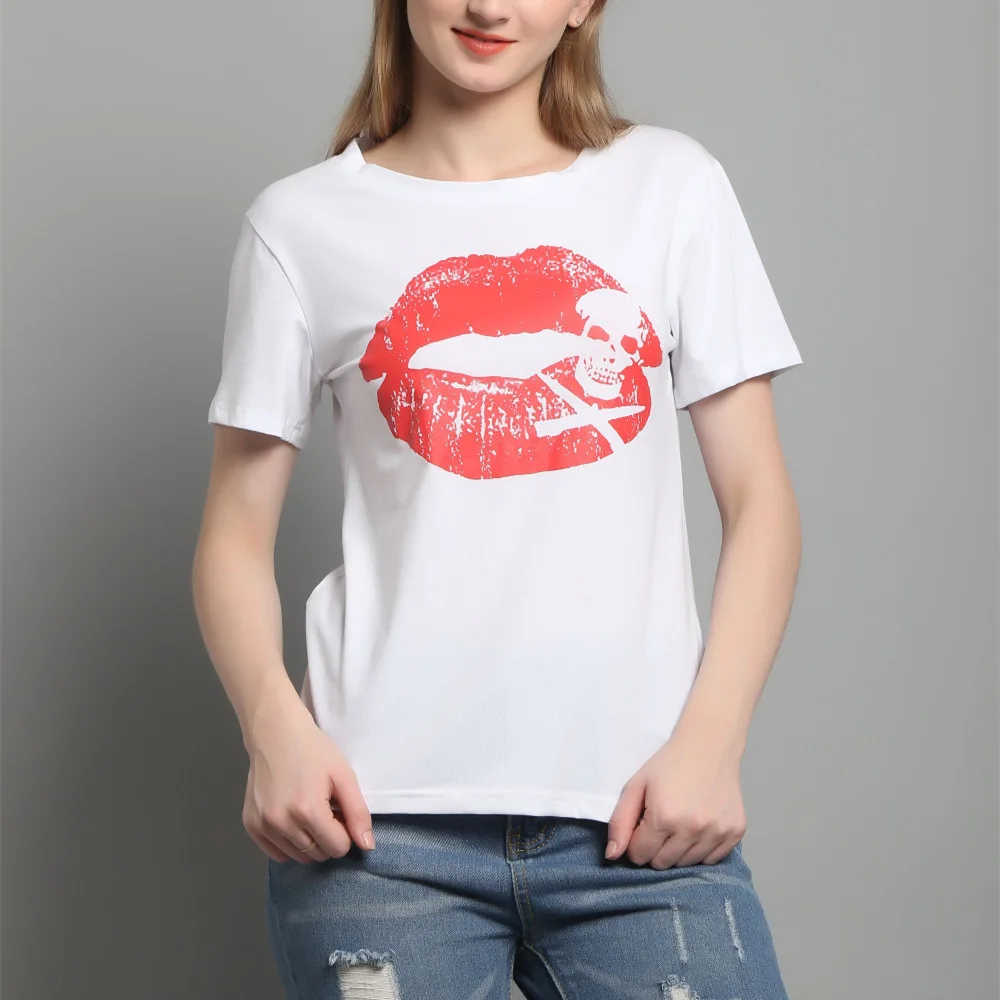 LUBI 2017 New Female Short-sleeved T-shirt for Women Lips Skull Prints Tee Shirt Summer Casual Slim Tops Tees | Женская одежда