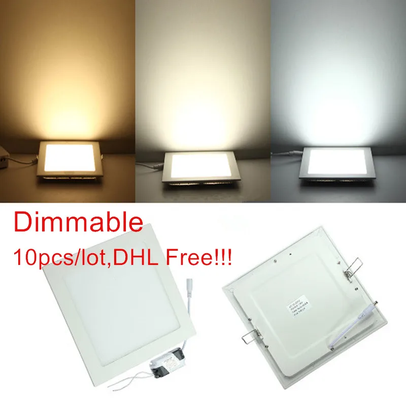 

10pcs/lot Dimmable Square LED Ceiling Downlight 6W 9W 12W 15W 25W Recessed led panel light with driver AC85-265V DHL/Fedex Free
