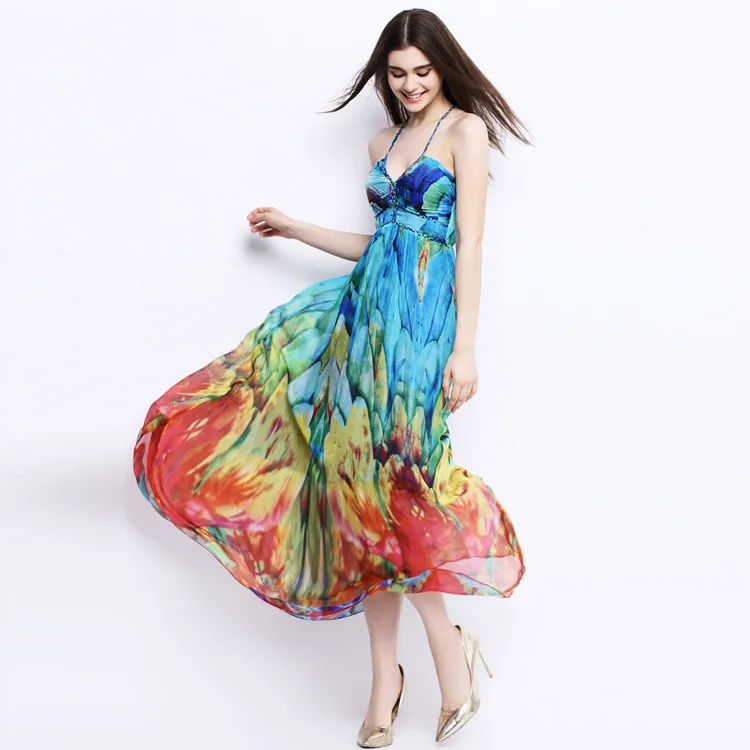 

Womens Elegant Boho Dress 2017 Summer Style Sun Flower Floral Print Women Long Holiday Beach Dress Pure Silk Dress
