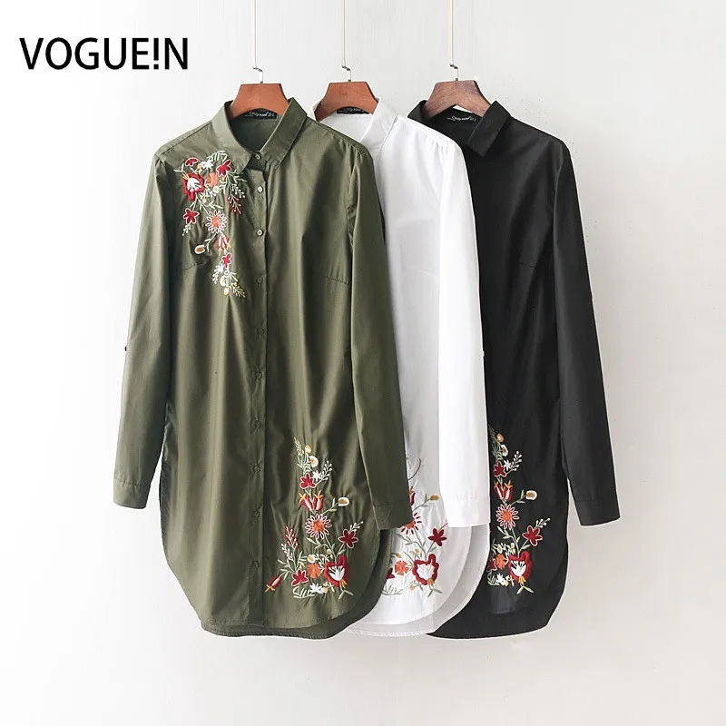 Женская блузка с цветочной вышивкой VOGUEIN белая зеленая черная длинная рубашка
