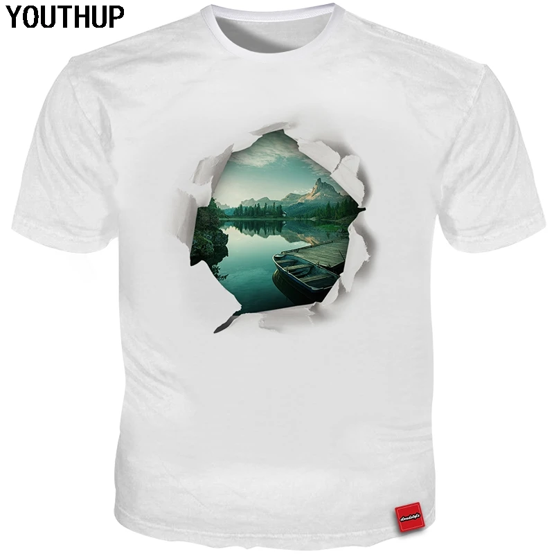 YOUTHUP 2020 Summer Men/Women T Shirt Crack Lake 3d Print Landscape Men Originality Tees Tops Creative Funny | Мужская одежда