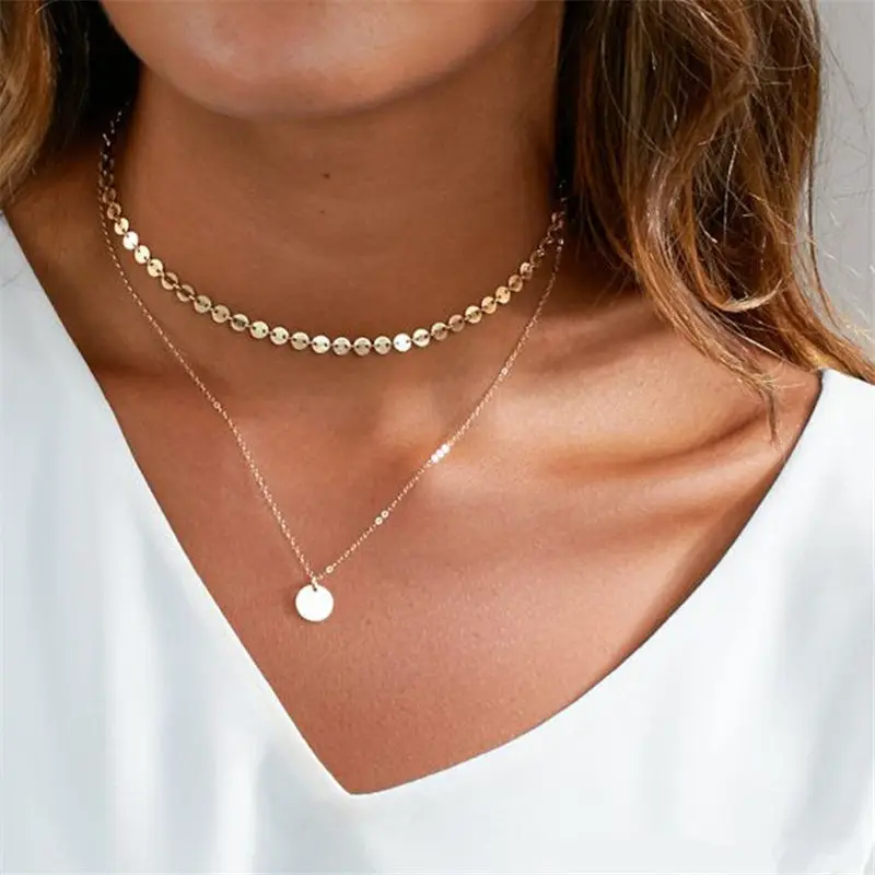 

2019 Summer Simple Gold Coin Layered Choker Necklace For Women Multi Layer Chocker Necklaces Pendant collar femme Jewelry Gift