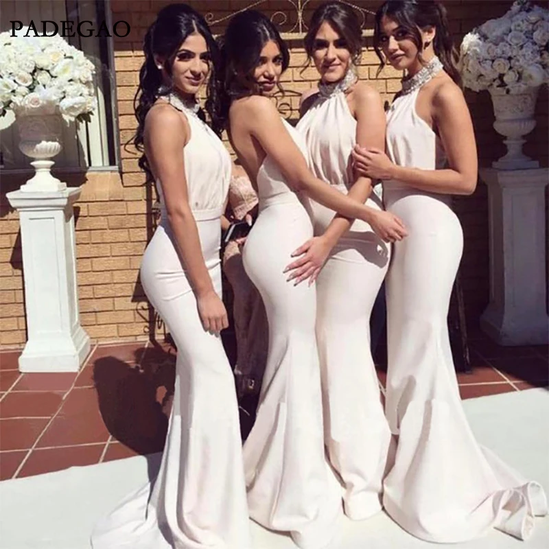 

White Mermaid Bridesmaid Dress Sexy Halter Sleeveless Backless Mermaid Court Train Bridesmaid Dress Prom Dress