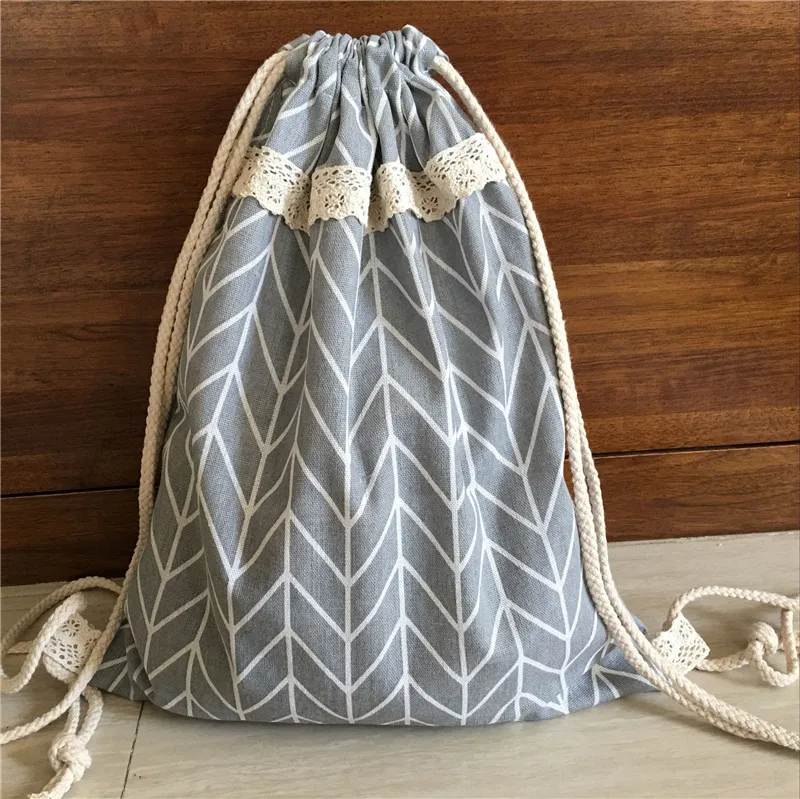 

YILE Cotton Linen Drawstring Lace Travel Backpack Student Bag Geometry Grey Base 720a