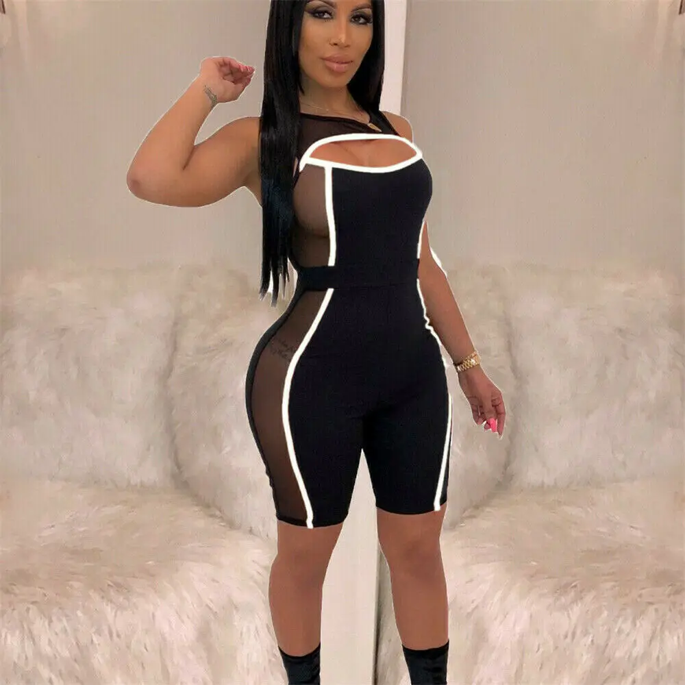 

2019 New Women Mesh Patchwork Short Pants Jumpsuits Sleeveless Cut Out Bodycon Playsuit Romper Clubwear Outfit