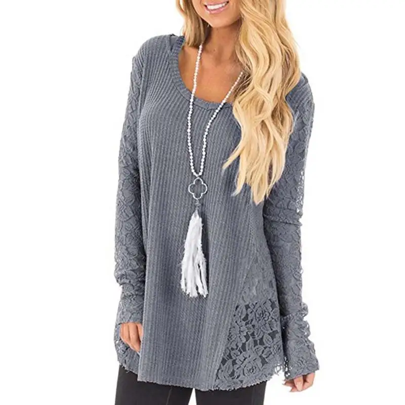 Fashion Women Long Sleeve V-Neck Pure Color Sexy Loose Knitted Tops Pullover Lace Patchwork Jumper variety of colors | Женская одежда