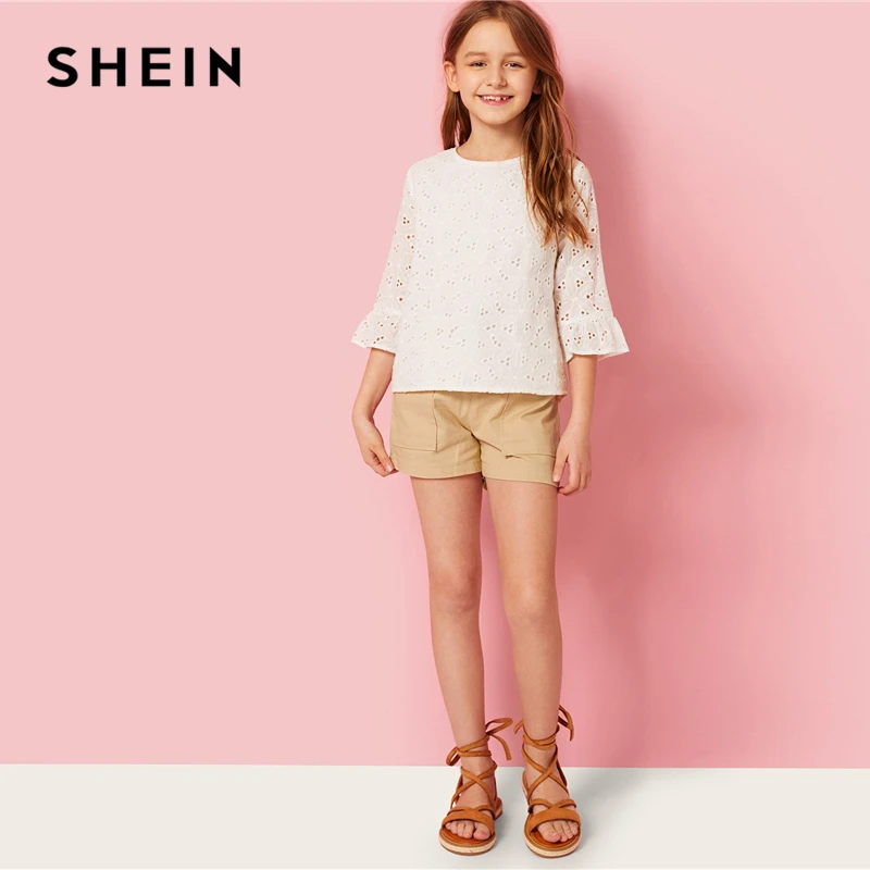 SHEIN Kiddie Ginger/однотонная кружевная блузка с рюшами и проймой для подростков г., летняя детская блузка с рукавами-бабочками на пуговицах, рубашка