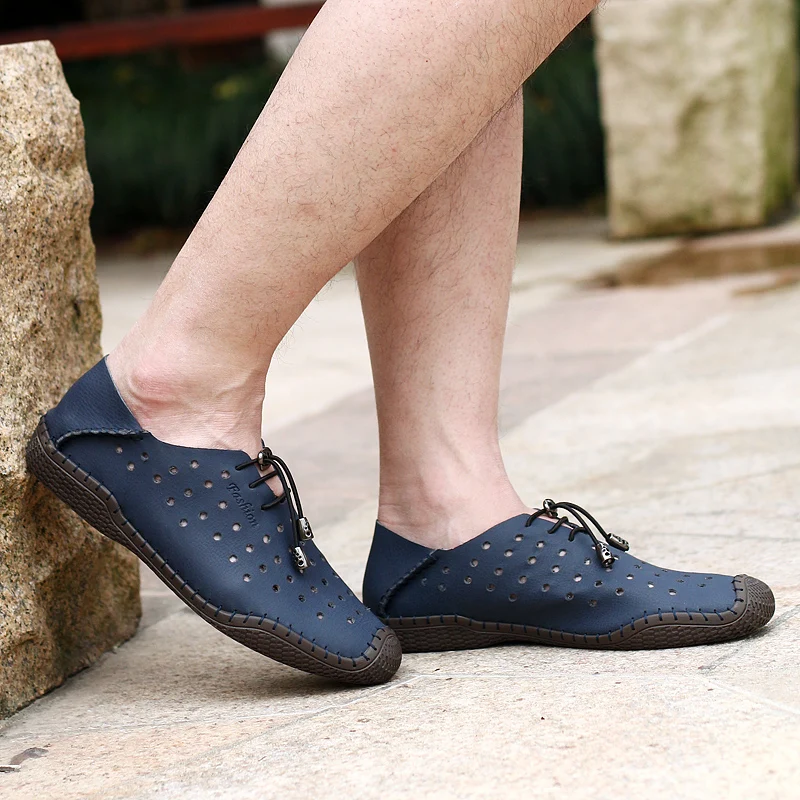 Summer Breathable Hole Shoes Mens Casual Genuine Leather Slip On Brand Fashion Man Soft Comfortable Zapatos | Обувь