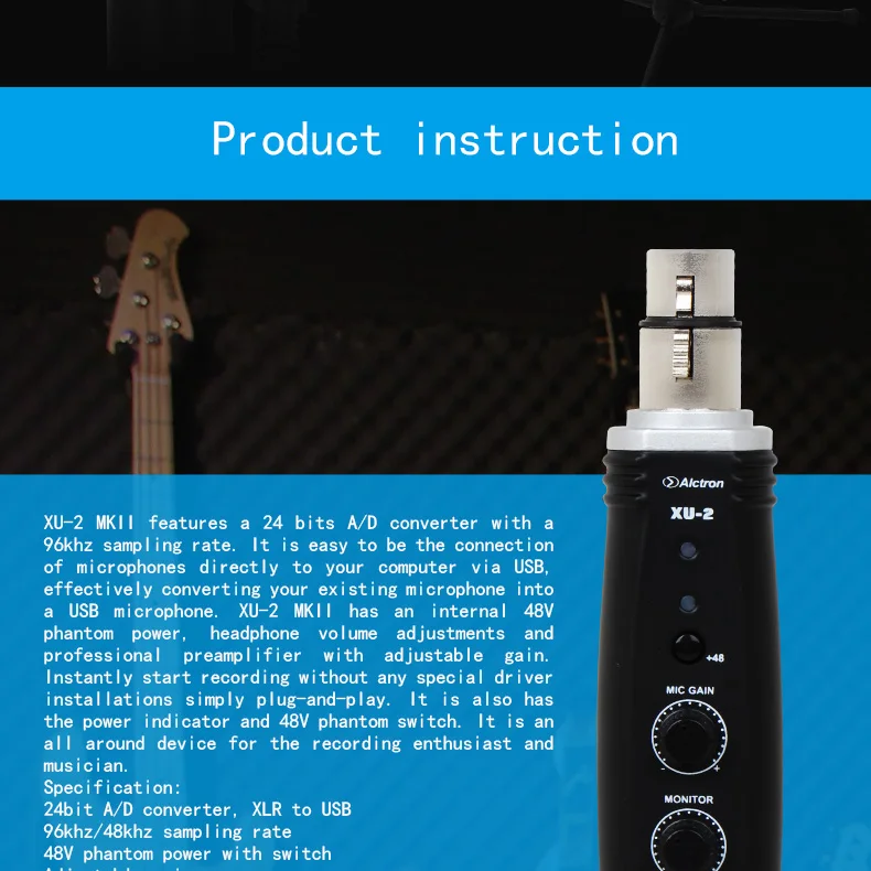Alctron xu-2 usb конвертер XLR в USB микрофон Предварительный усилитель, компьютерный аудио интерфейс, цифровой аудио конвертер с блоком питания