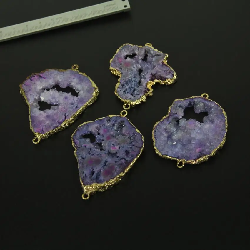 Оптовая продажа фиолетовая друзовая плита бусины соединители покрытые золотом