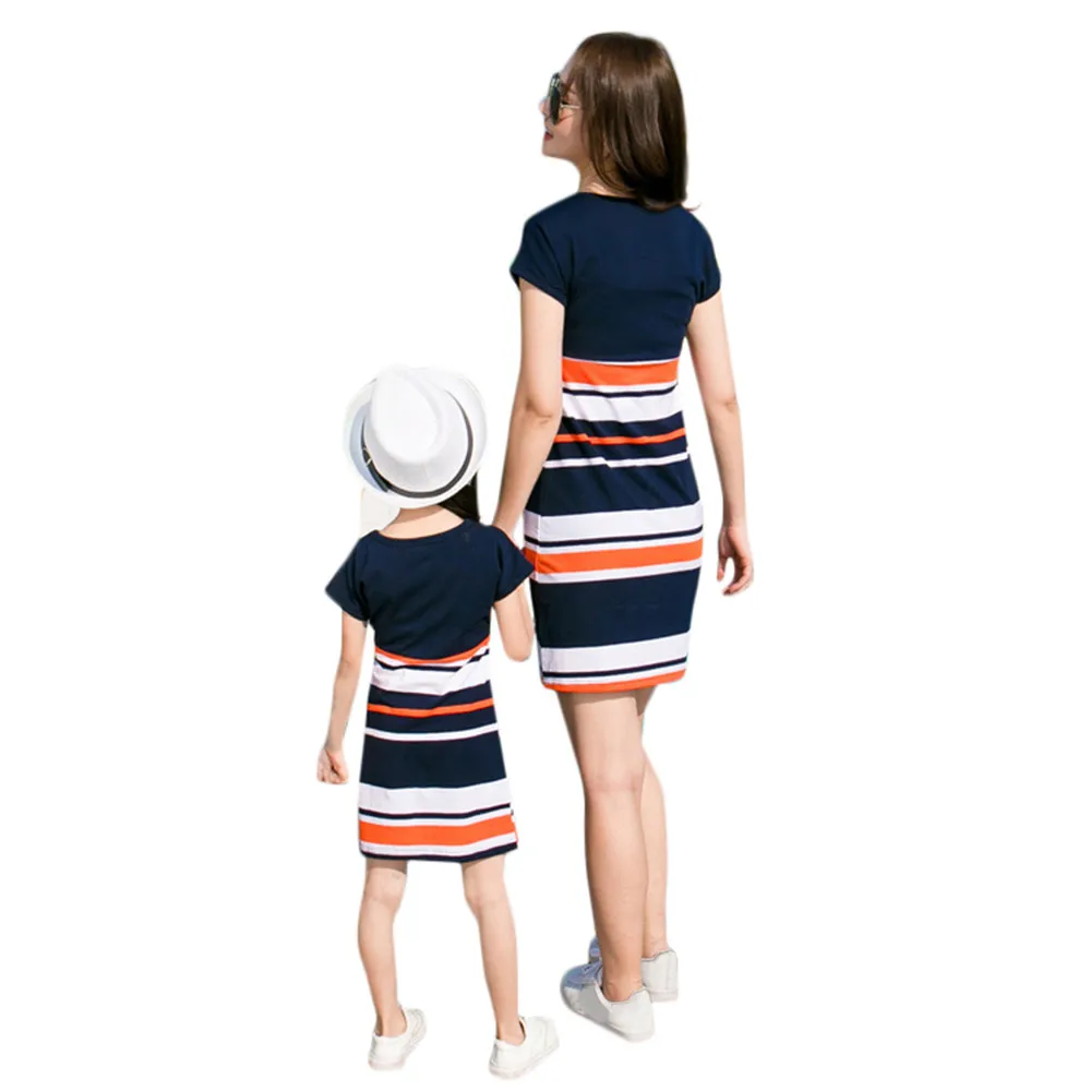 SAGACE мама и я дети девочки полосатый буквенный принт семья короткий рукав платье
