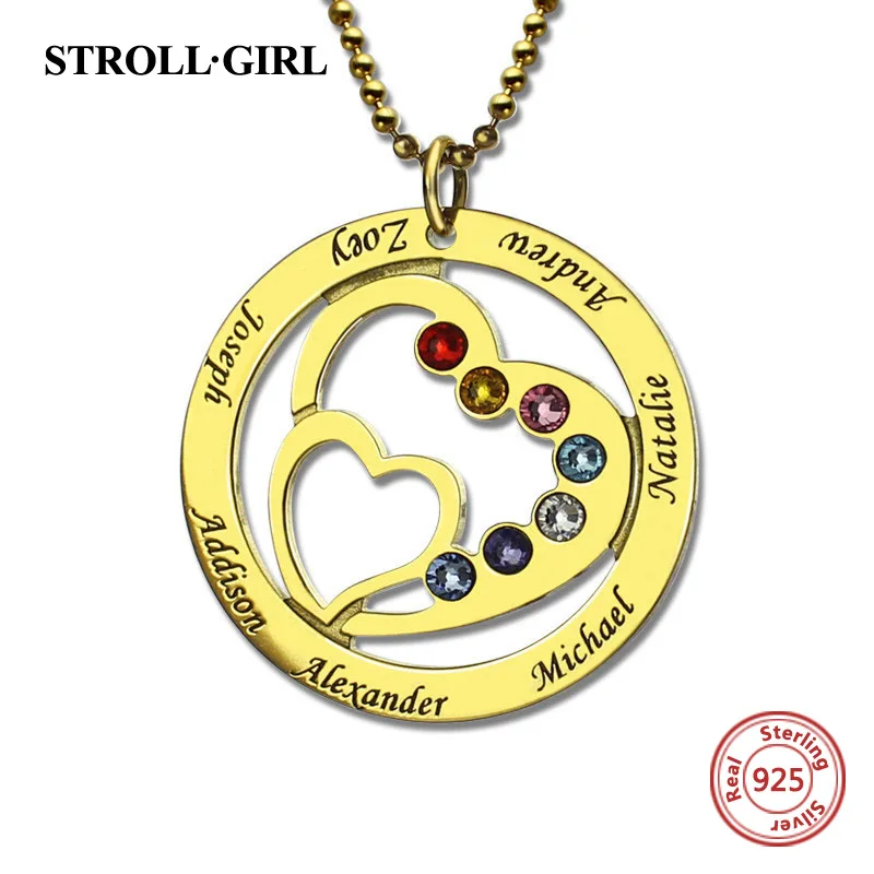 StrollGirl 925 пробы серебро, мама сердце в сердце ожерелье с 7 детей именами и камнями по месяцу рождения персонализированные настройки ювелирных изделий