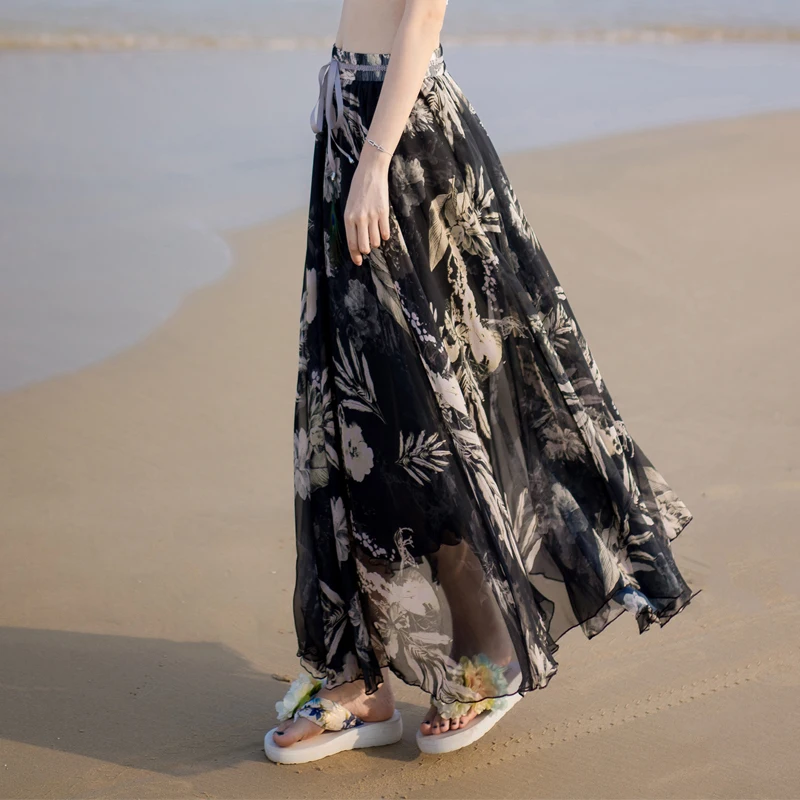 Макси длинные шифоновые юбки с принтом для женщин эластичный пояс летняя пляжная