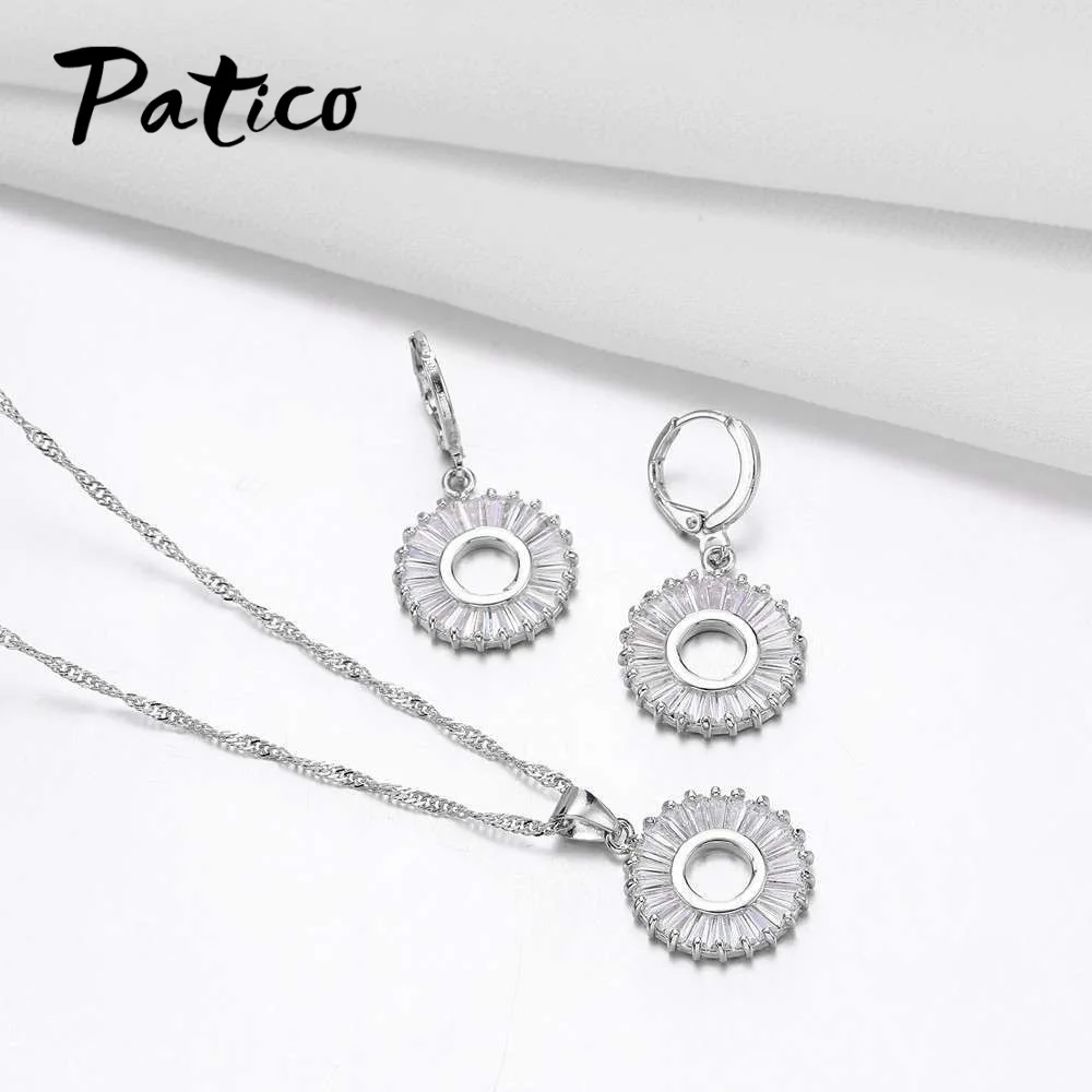 

Popular Beautiful Sun Jewelry Set Round 925 Sterling Silver Cubic Zirconia Necklace Earrings Souvenir Women Gift