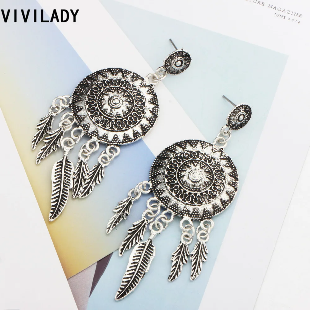 Vivilady Модный Boho Ретро серебристого цвета с длинной бахромой перо листьев солнце