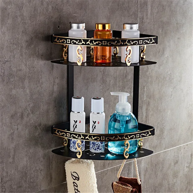 B and G two tiers Полка для ванной комнаты, алюминиевая угловая полка, держатель для мыла, полка для ванной и душа, держатель для шампуня, настенный, белый и золотой, резной - Цвет: B and G two tiers