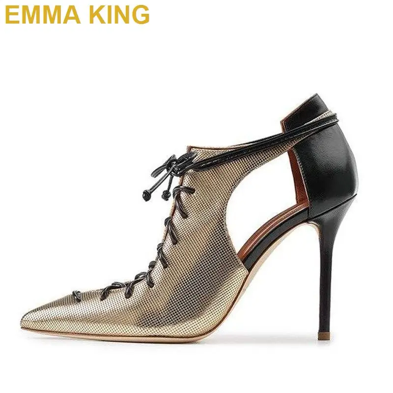 spesifikasi Hollow Out Musim Panas Wanita Pompa Lace Up Kulit PU Hak Tinggi Ujung Runcing Wanita Kantor Hak Stiletto Sandal Sepatu Wanita 2019 Baru