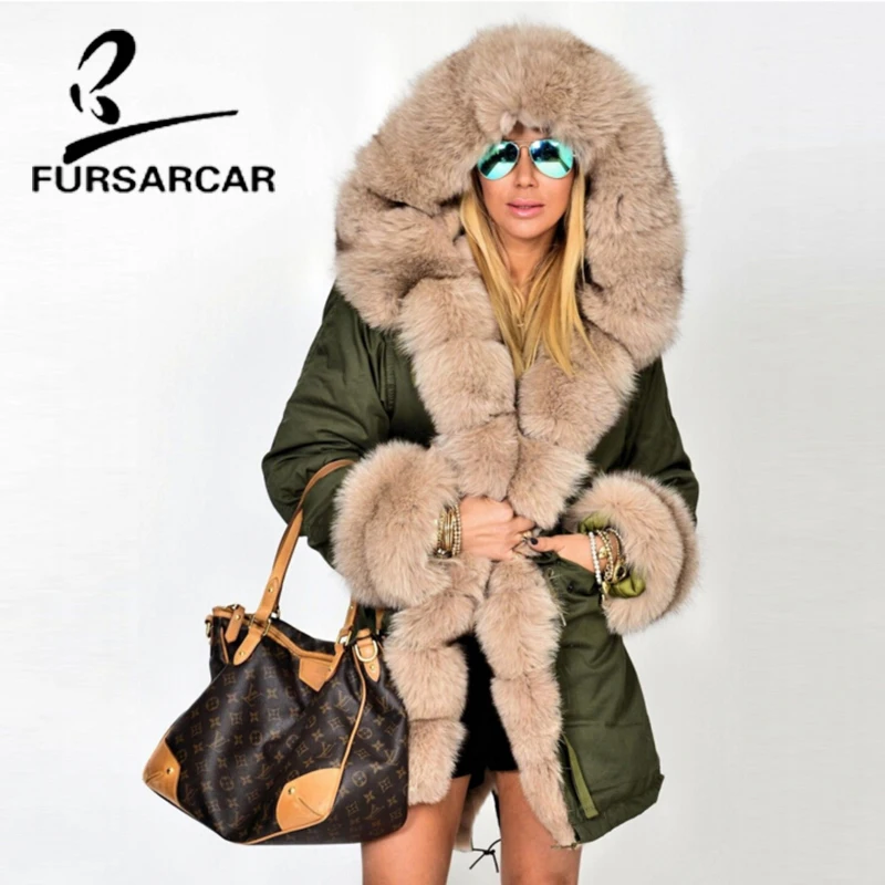FURSARCAR Женская парка из натурального меха с толстым лисьим мехом, с капюшоном и манжетами, Роскошная Новая зимняя женская меховая парка, модный стиль