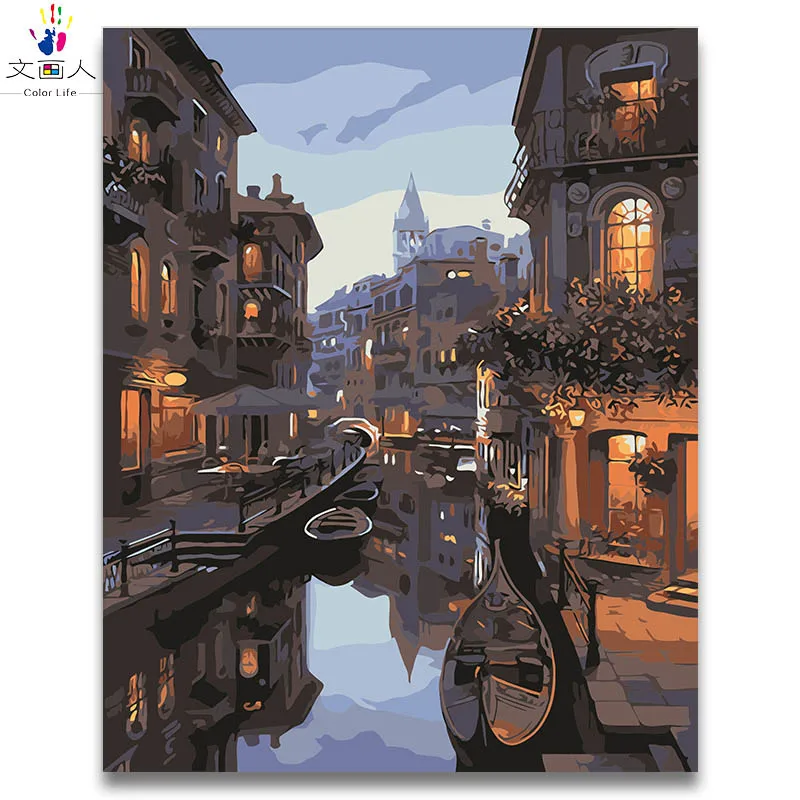 Набор для рисования по номерам на холсте Европейский строительный аллея с лодкой