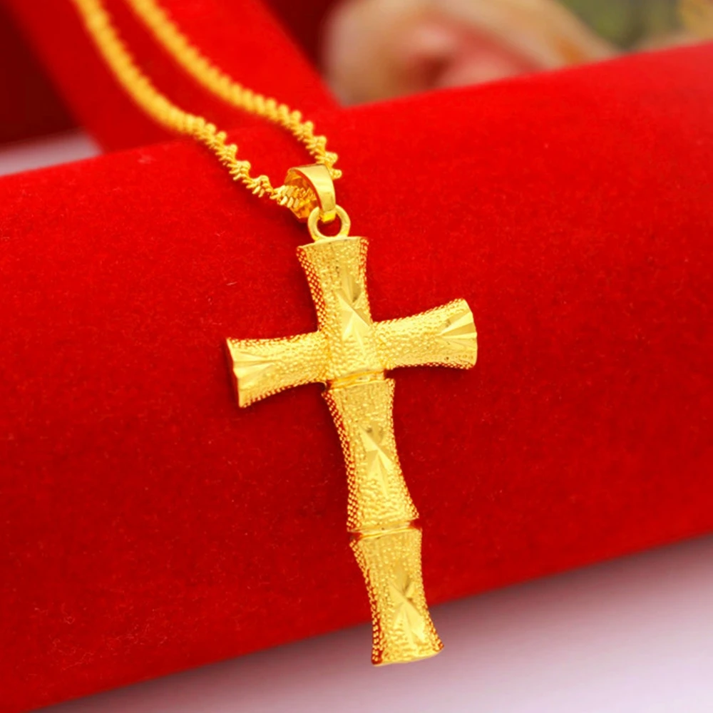 

Bamboo Design Unique Yellow Gold Filled Womens Mens Cross Pendant Chain