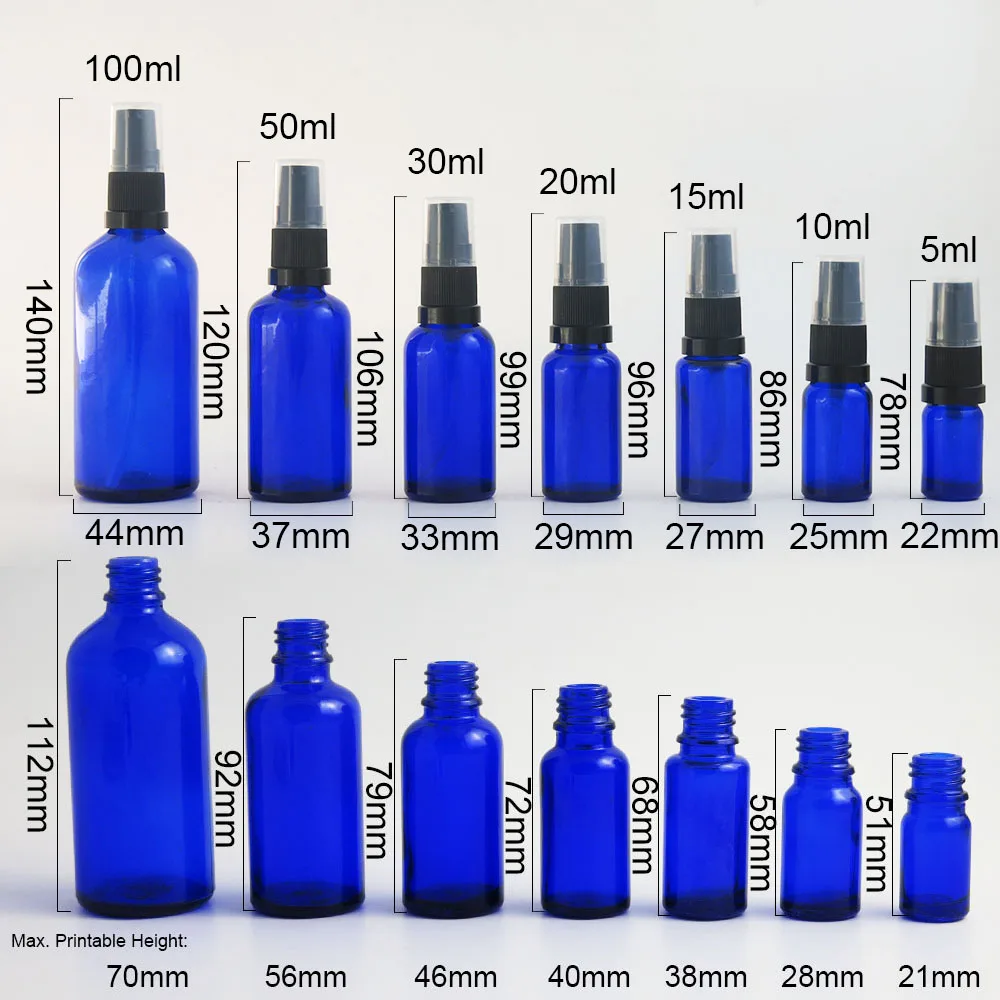 

20 x 10ml 20ml 30ml 50ml 1oz 1/2oz blue boston round glass bottle with fine white black plastic pump lid wholesale