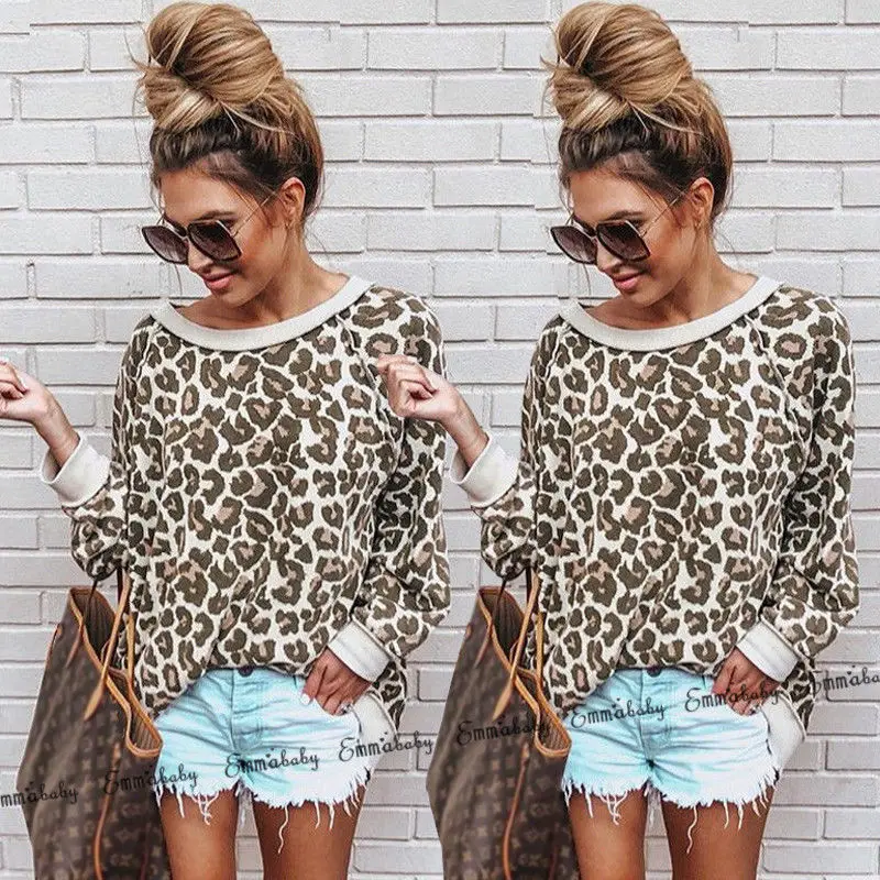 Женская одежда 2018 Повседневная Блузка с леопардовым принтом свободные женские
