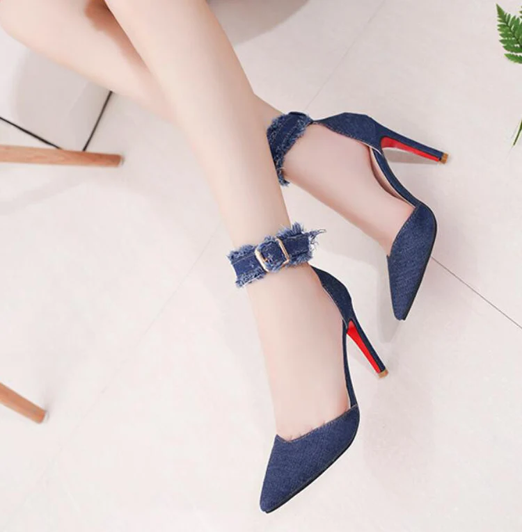 Женские повседневные сандалии из джинсовой ткани с острым носком на очень