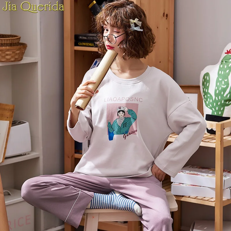 J &amp Q пижамный комплект с длинными рукавами Весенняя домашняя одежда для женщин