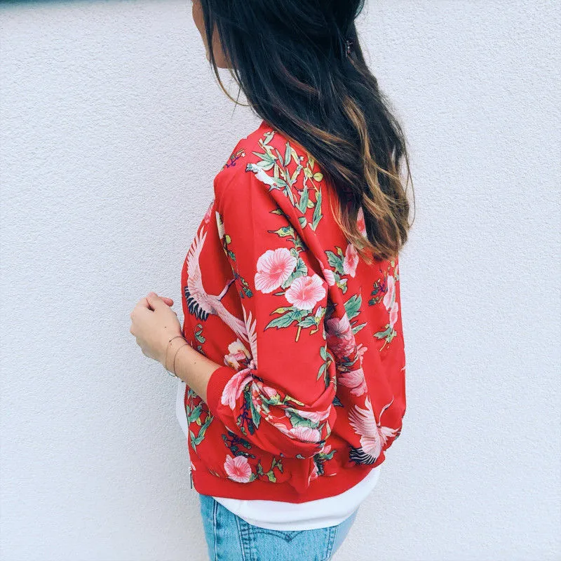 

2018 Newest Ladies Floral Printed Casual Jackets Fashion Women Fit Long Sleeve Zipper Jacket Autumn Sexy Coat Outwear Clothes