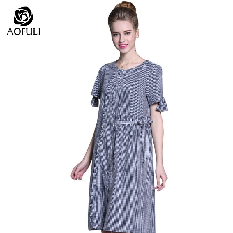 Платье-рубашка AOFULI L ~ 3XL 4XL клетчатое с принтом летнее коротким рукавом