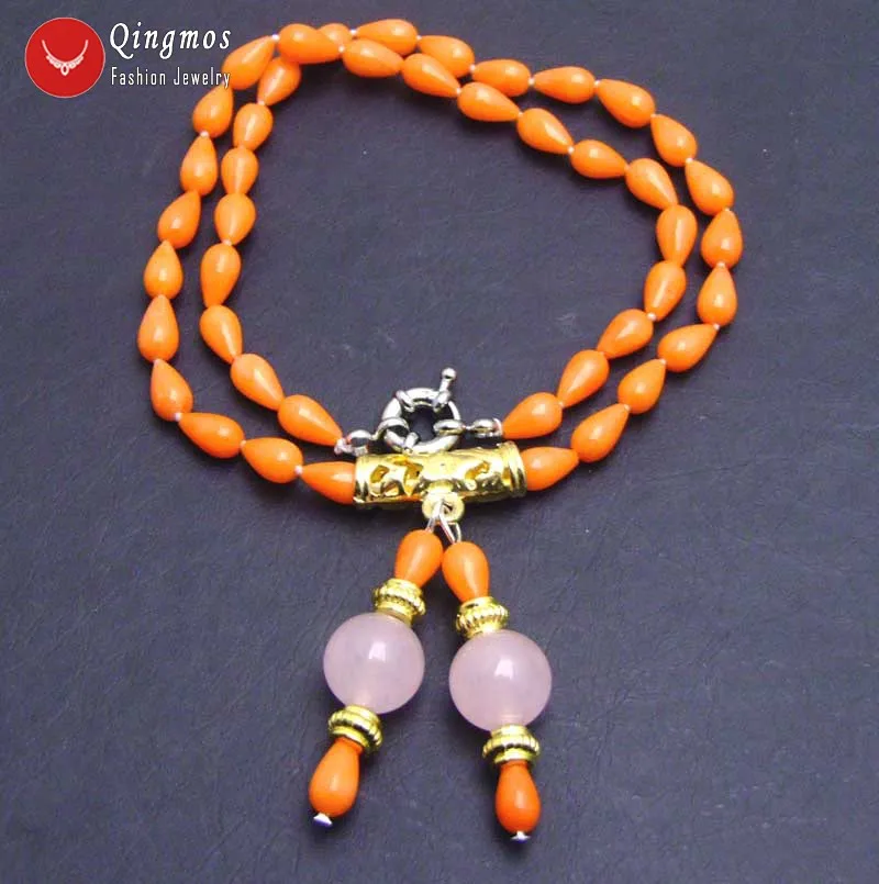 Qingmos Trendy Orange Coral Chokers Necklace for Women with 5*9mm Drop Natural and Jades 17&quot Pendant &amp Necklace-nec5865 | Украшения