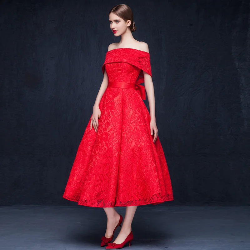 Romance Off the Shoulder Bow Lace Red Wedding Dresses Tea Length Ball Gowns vestidos de novia | Свадьбы и торжества