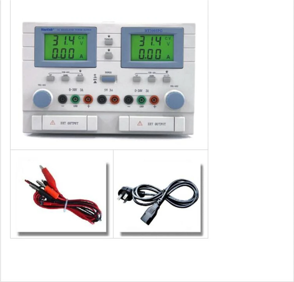 

HANTEK HT3003PG DC power supply Three channels, 0-30Vx2, 5V output; 0-3Ax2, 3A Current output
